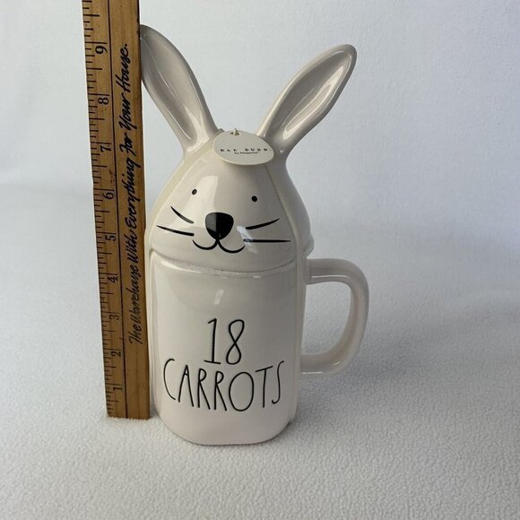 Rae Dunn by Magenta Easter Bunny Rabbit 18”CARROTS" White Mug With Topper - Picture 7 of 8